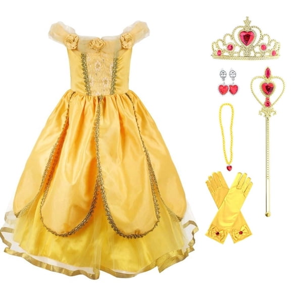 Wanke Princess Dress Up Costume for Girls Birthday Cosplay Party with Accessories, Yellow