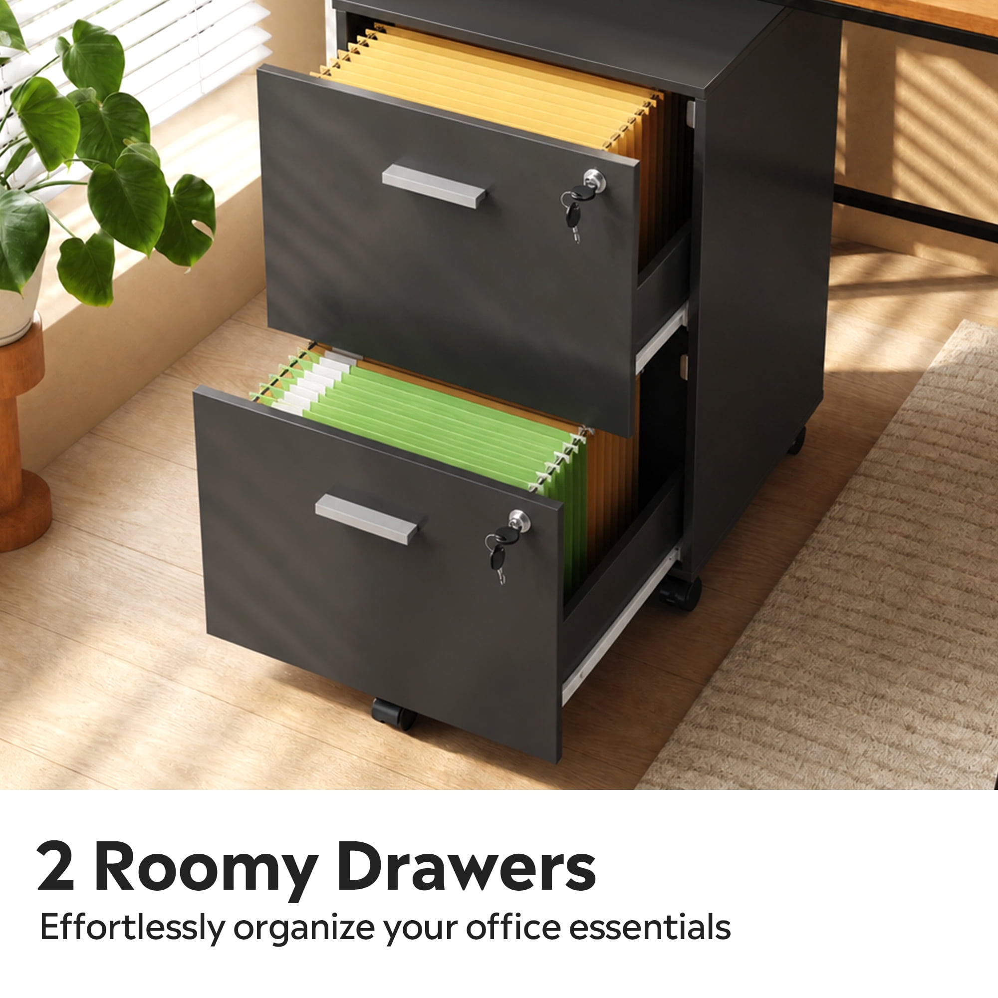 GALAXHERO 2 Drawer Filing Cabinet with Lock, Wooden Printer Stand with Storage for Home Office, Mobile Locking File Cabinet Fits Letter/A4 Hanging Files, Black