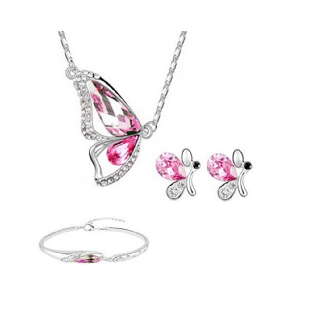 Butterfly Rhinestone Pendant Necklace Stud Earrings Bracelet Bridal