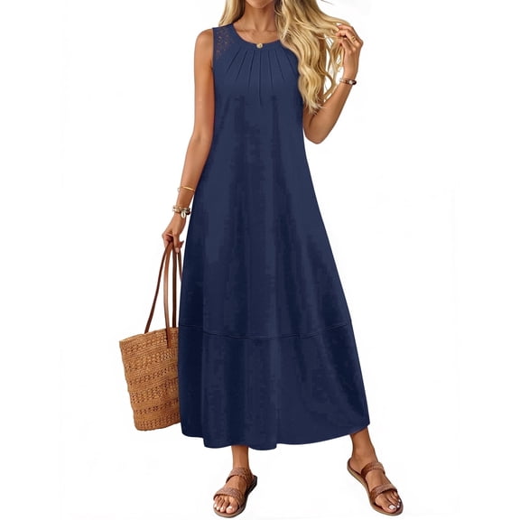 Merokeety Womens Summer Dress Pleated Tank Maxi Dress Crew Neck Beach Vacation Sundress Navy m