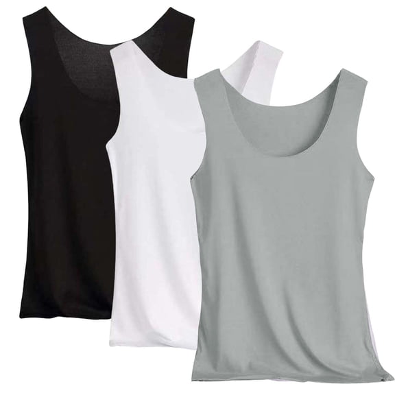 Fewfanhot Women's 3PC Solid Color Sleepwear Set U-Neck Sleeveless Camisole with Inner Tank Top, Soft Breathable Padded Loungewear