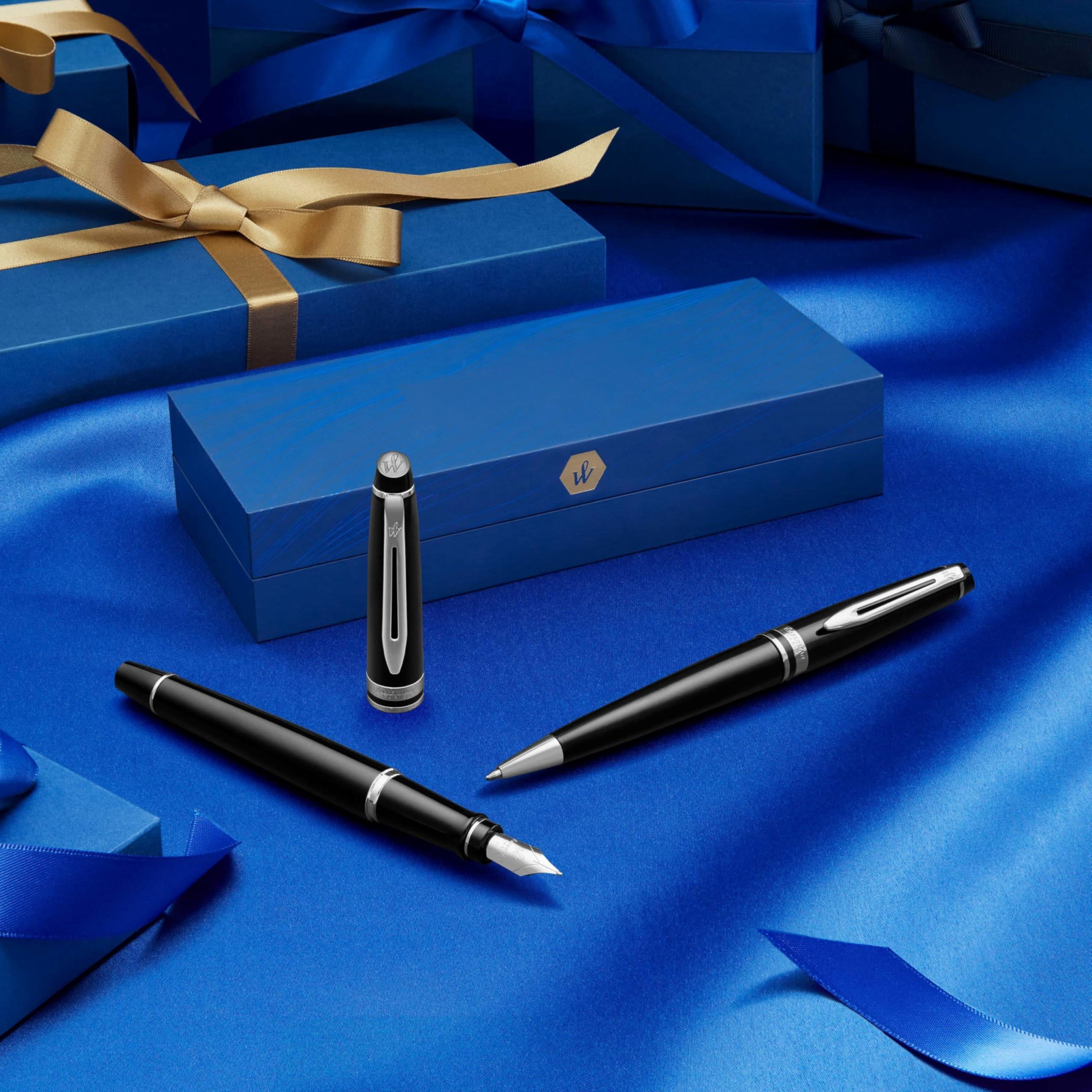 Expert Ballpoint Pen  Gloss Black With Chrome Trim Medium Tip Blue Ink Luxury In Gift Box - Writing Comfort Signature Style Polished Professional