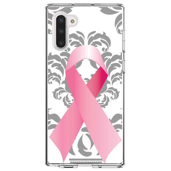 DistinctInk Clear Shockproof Hybrid Case for Samsung Galaxy Note 10 (6.3" Screen) - TPU Bumper, Acrylic Back, Tempered Glass Screen Protector - Grey Damask Pink Ribbon - Breast Cancer Awareness