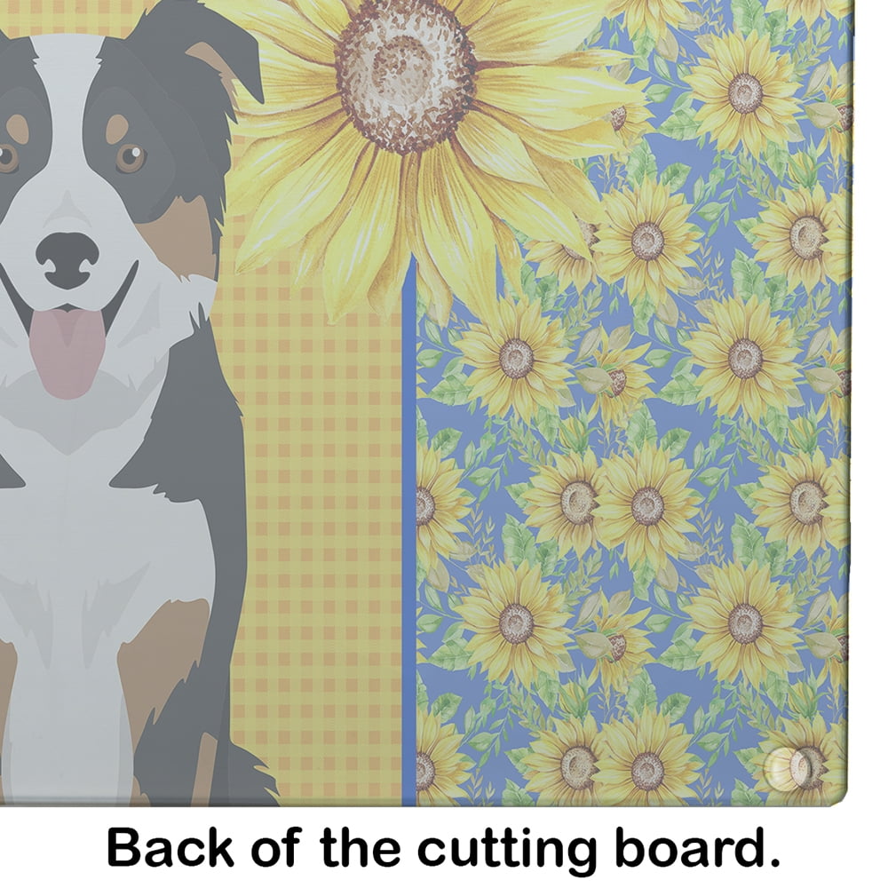 Summer Sunflowers Tricolor Border Collie Glass Cutting Board Large 12 in x 15 in