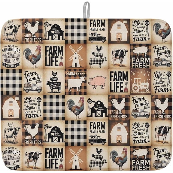 Farm Animals Dish Drying Mat for Kitchen Counter, Farmhouse Rustic Cow Pig Rooster Plaid Baby Bottle Microfiber Drying Pad, Absorbent Coffee Cup Dishes Drainer Mats 18"x24"
