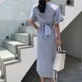 thumbnail image 4 of Henpk Summer Dresses for Women Striped T Shirt Dress Casual Midi Dress Short Sleeve Sundress with Pockets Summer Cotton Blue Striped Bandage Split Long Dress Long Dress Blue XXL, 4 of 9