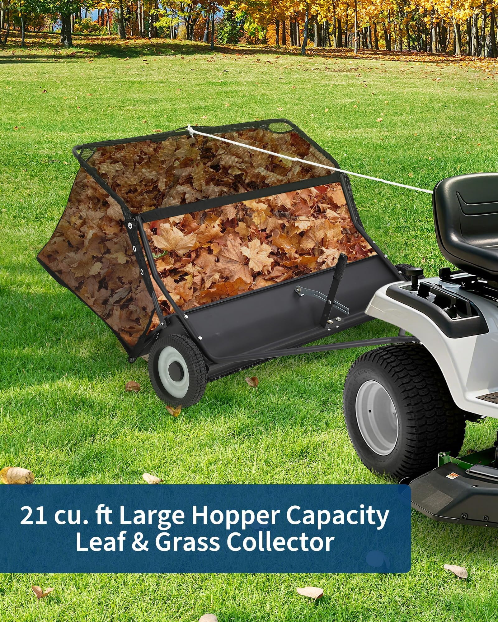 Lawn Sweeper Tow Behind with 42" Wide Sweeping Width, 21 Cu.Ft Large Hopper Capacity, Tool-Free Adjustable Sweeping Height, for Tractor ATV UTV, and Quick Assembly
