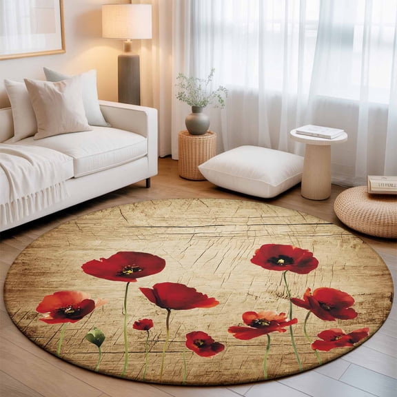 Small Round Rug 3Ft, Red Poppy Flowers Non-Slip Washable Circle Rugs Carpet, Vintage Country Floral Plant Indoor Outdoor Rug Floor Mats Throw Runner for Bedroom Living Room Bathroom