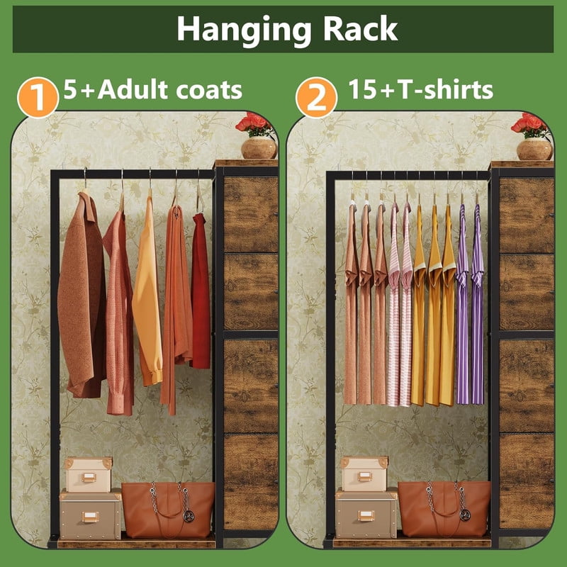 Simenmax 4-in-1 Storage Tower with Clothes Rack, Tall Garment Rack with Shoe Shelf and Bag Hook, Heavy Duty Organizer for Bedroom Entryway Living Room, Brown