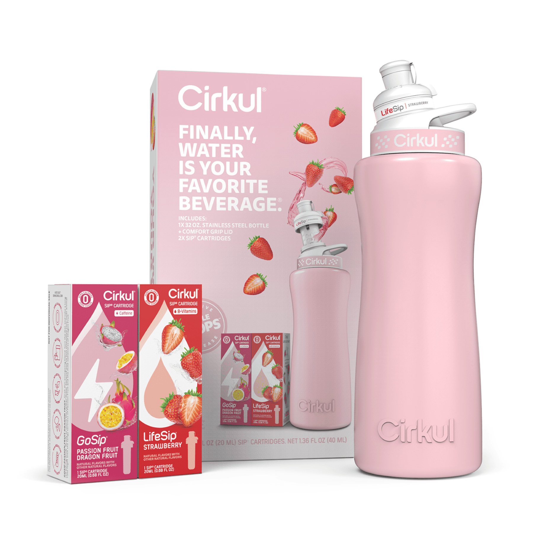 (2 pack) Cirkul 32oz Blush Pink Stainless Steel Starter Kit with Light Pink & White Cirkul Lid 2.0 and 2 Flavor Cartridges (Strawberry & Passion Fruit Dragon Fruit)