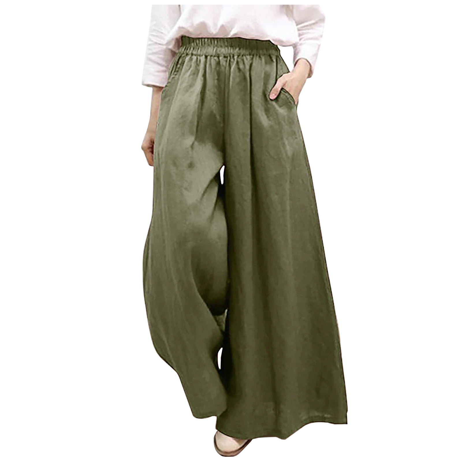 Linen Pants for Women Summer Casual Loose Elastic Waist Pockets Wide ...