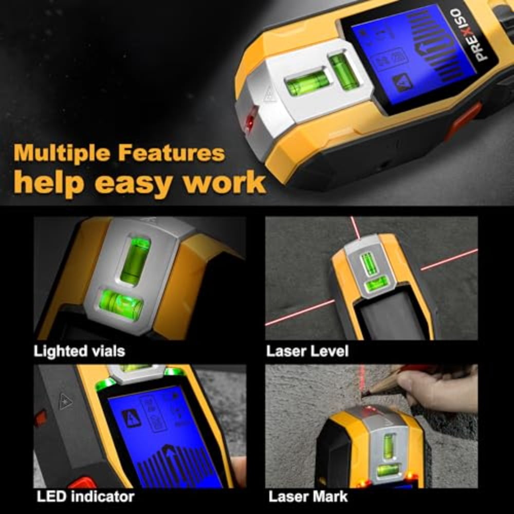 2-in-1 Stud Finder With Level  Rechargeable Multi Surface Cross Line & Wall Scanners Tool For Hanging Frames Picture Wood Ac Wire Metal Studs Joist Pipe Detection