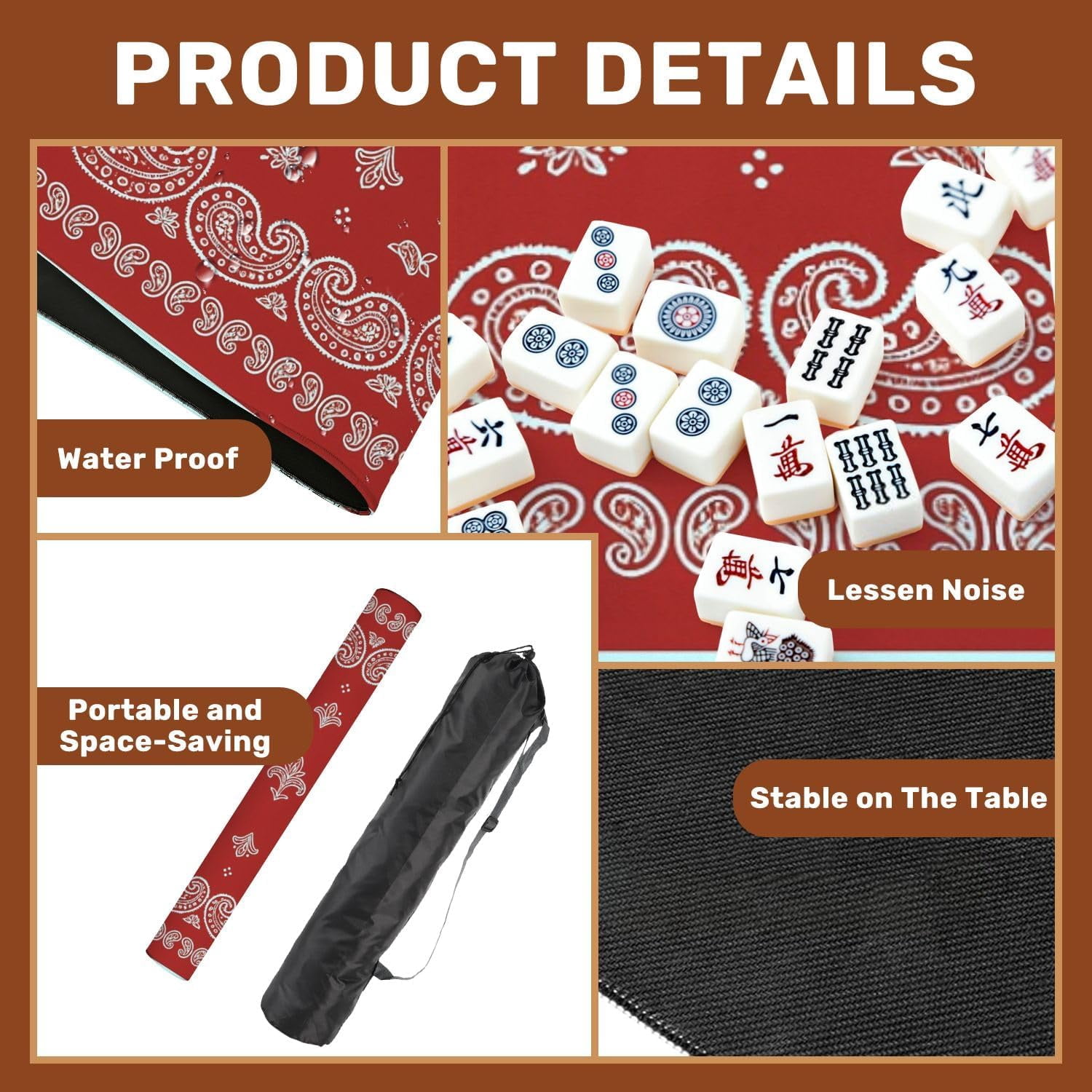 Mahjong Mat 31.5" x 31.5" Red Paisley Bandana Floral Elements White Detailing Non-Slip Noise Reduction Mahjong Tiles Table Cover for Dominoes Poker Card Board and Tile Games Gift