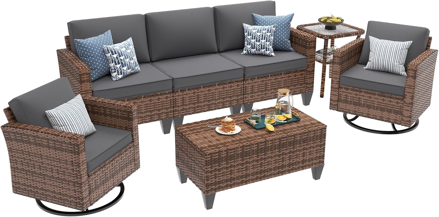 Ampatio 7 Pieces Patio Furniture Outdoor Conversation Set Rattan Wicker Outdoor Sectional Sofa with Swivel Chairs & Coffee Table, Gray