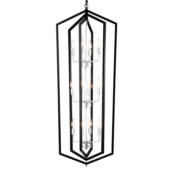 Coowa 12 Light Farmhouse Lantern Chandelier Matte Black and Silver Rustic Cage Ceiling Light Fixture with Adjustable Height for Dining Room Hallway Foyer Entryway (E12 Bulbs Not Included)