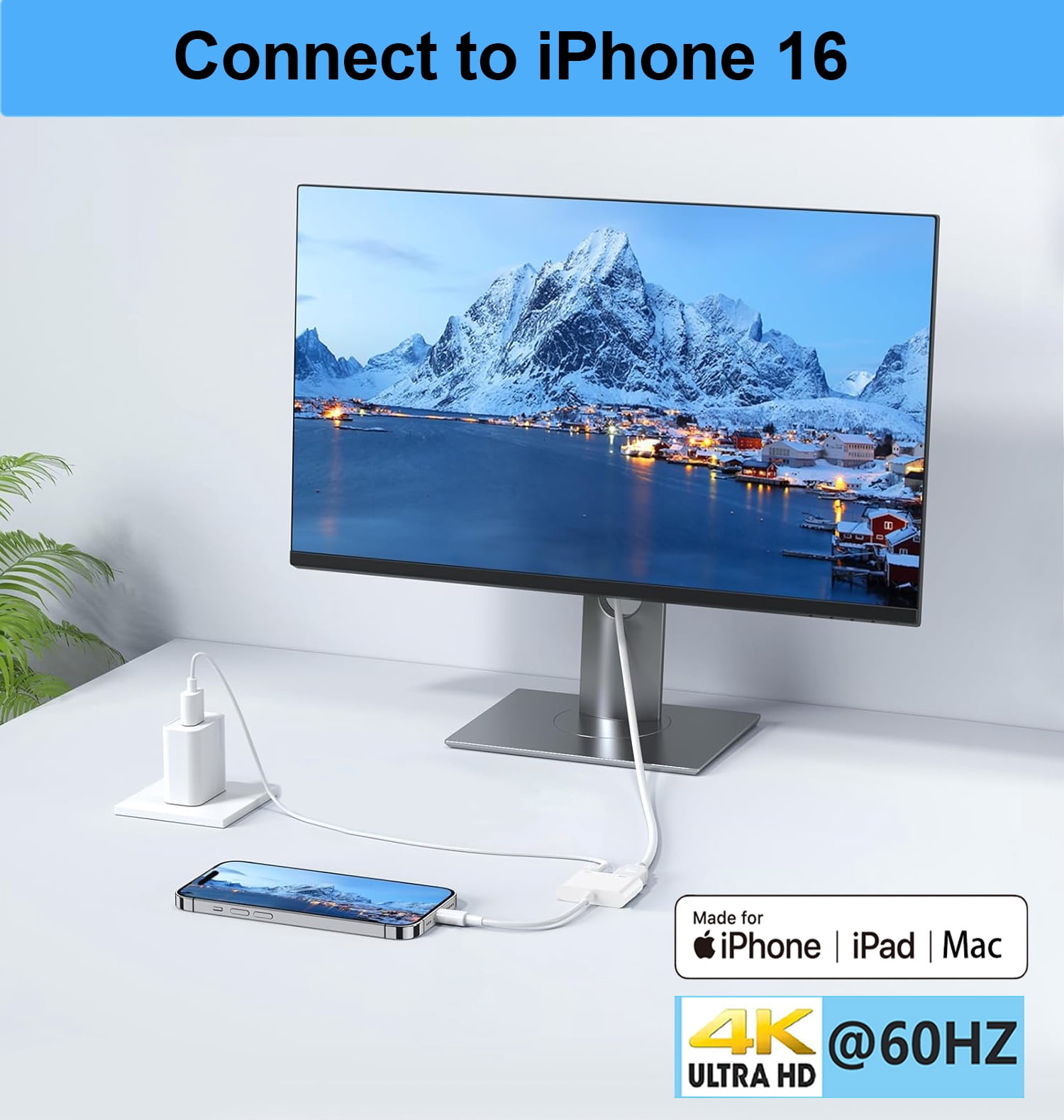 Apple USB-C to HDMI Adapter 4K@60Hz for iPhone 15 16 17 MacBook Pro Air iPad Pro, MFi Certified Type-C Digital AV HDMI 2.0 Cord Compatible with Samsung Galaxy S25, Nintendo Switch, Pixelbook, XPS