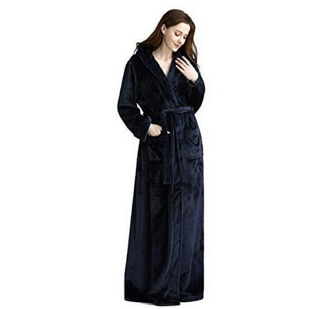 iCREAT Womens Long Hooded Bathrobe Fleece Full Length Bathrobe with Hood Winter Sleepwear Navy-L