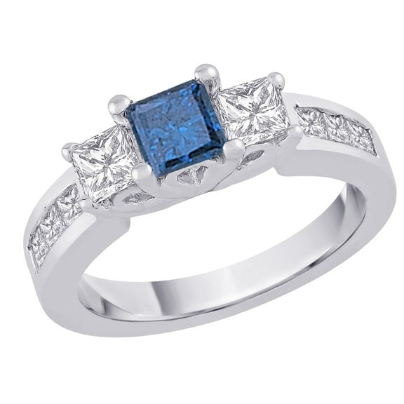Three Stone Plus Blue Center Princess Cut Diamond Ring in 14K White Gold (1 cttw)
