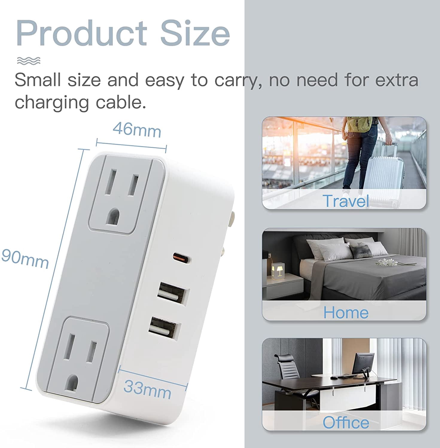 BSEED Mini Surge Protector with USB Charger,2 Outlet Extender with 3 USB (1 USB C) Charging Ports,Safety System for Travel, Home, and Office，4 Pack