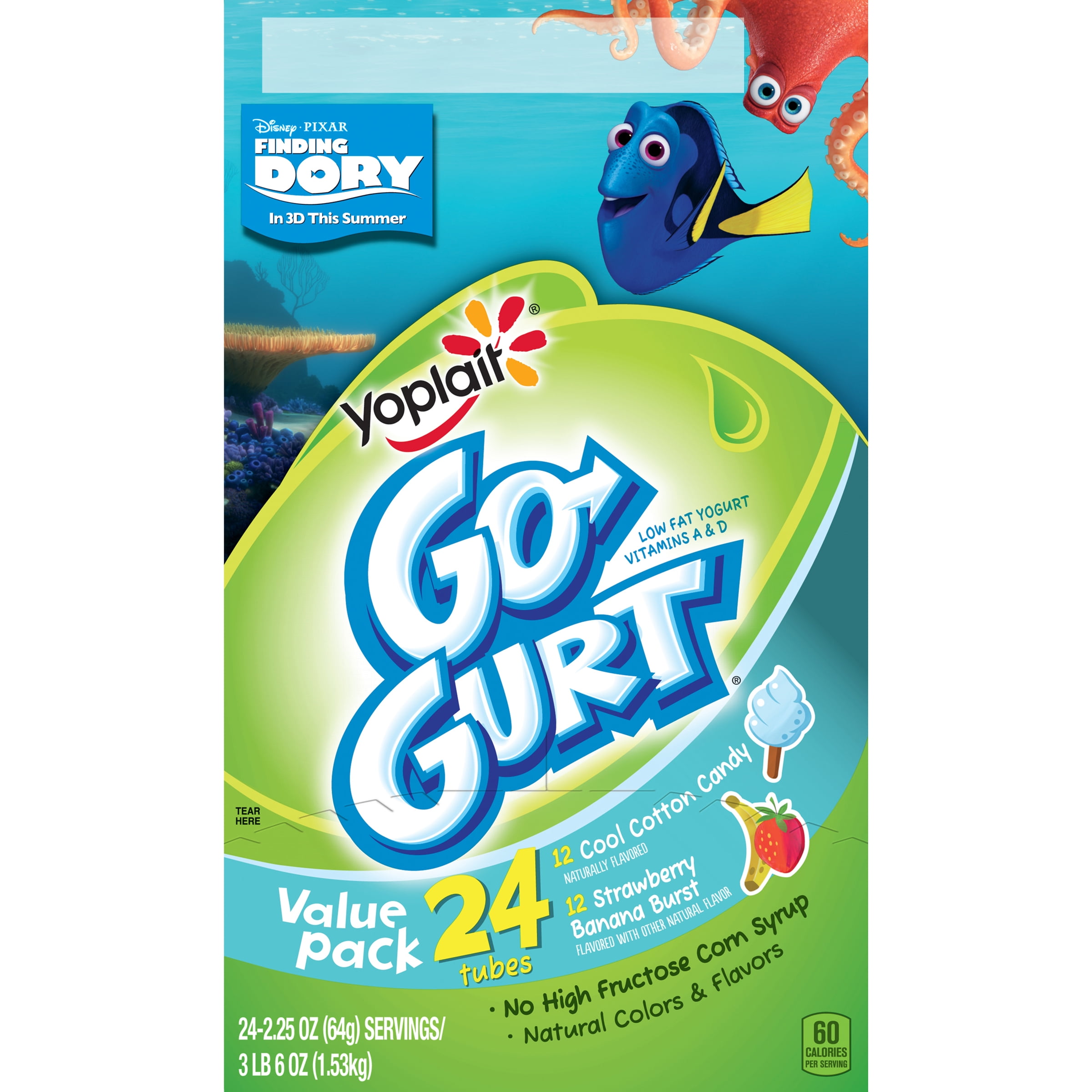 Yoplait Go-Gurt Cool Cotton Candy/Strawberry Banana Burst Portable Low Fat Yogurt Variety, 2.25 Oz., 24 Count
