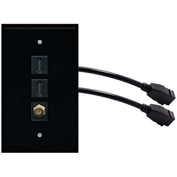 RiteAV (1 Gang Flat 2 HDMI Black Coax Wall Plate w/Pigtail Extension Cable Black