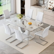 NYEESS 63" White Faux Marble Rectangular Dining Table Set with 6 PU Chairs, Modern Style for Kitchen or Dining Room