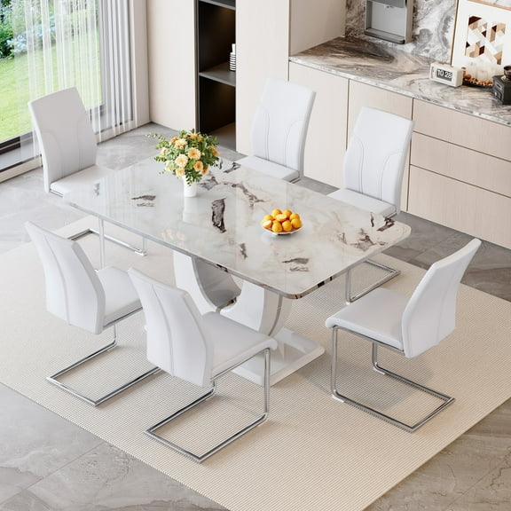 NYEESS 63" White Faux Marble Rectangular Dining Table Set with 6 PU Chairs, Modern Style for Kitchen or Dining Room