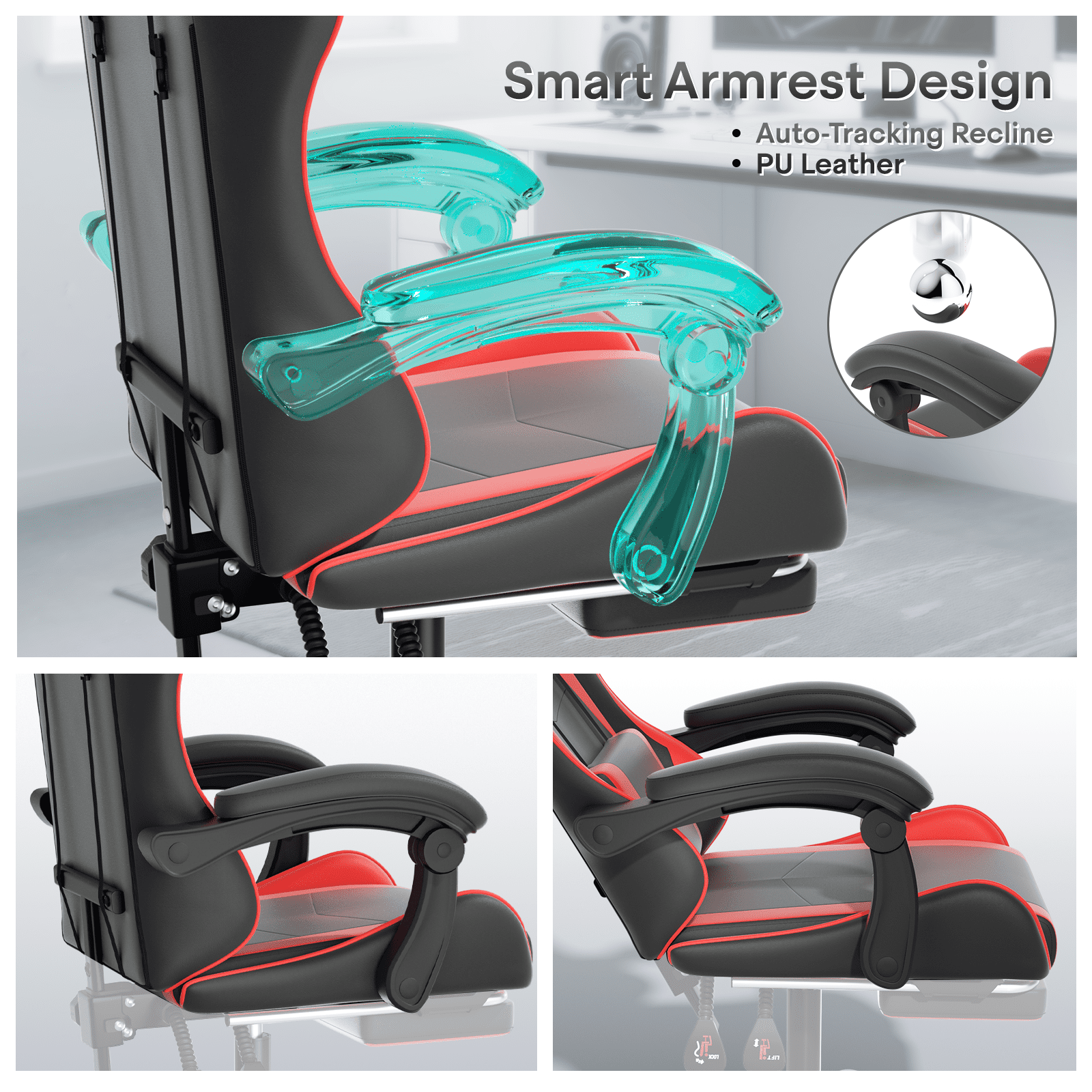 OSM Gaming Chair with Footrest & Headrest, High-Back Ergonomic Computer Desk Chair - Adjustable Lumbar Support, Reclining Office Chair for Adults, 350lbs, Red