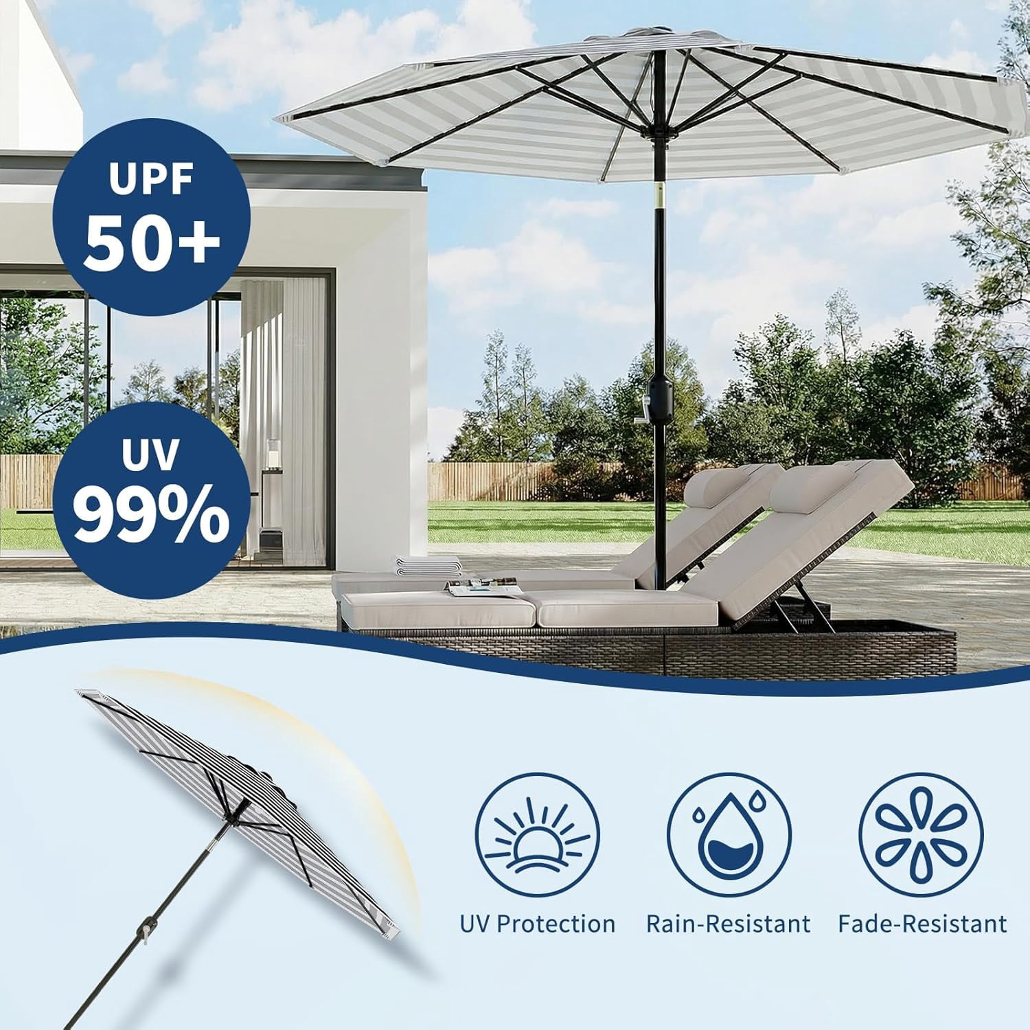 IdealHouse 10 ft Outdoor Patio Umbrella 8 Sturdy Ribs Outdoor Table Umbrella with Crank Lift & Push Button Tilt UV Protection Waterproof Market Umbrellas for Pool Deck Yard, Black & White Stripes