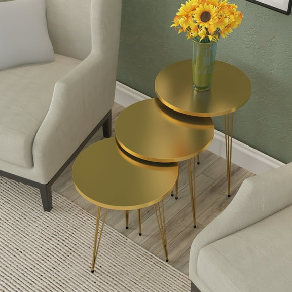 PAK HOME - Set of 3 High Gloss NEsting End Tables - Round Wood Stacking Coffee Side Accent Tables with Metal Legs - GOLD