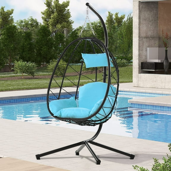 SYNGAR Hanging Egg Chair, Swing Chair with Steel Hammock Stand Set, Hammock Chair with Soft Seat Cushion, Multifunctional Hanging Chairs for Outdoor Indoor Bedroom, Light Blue