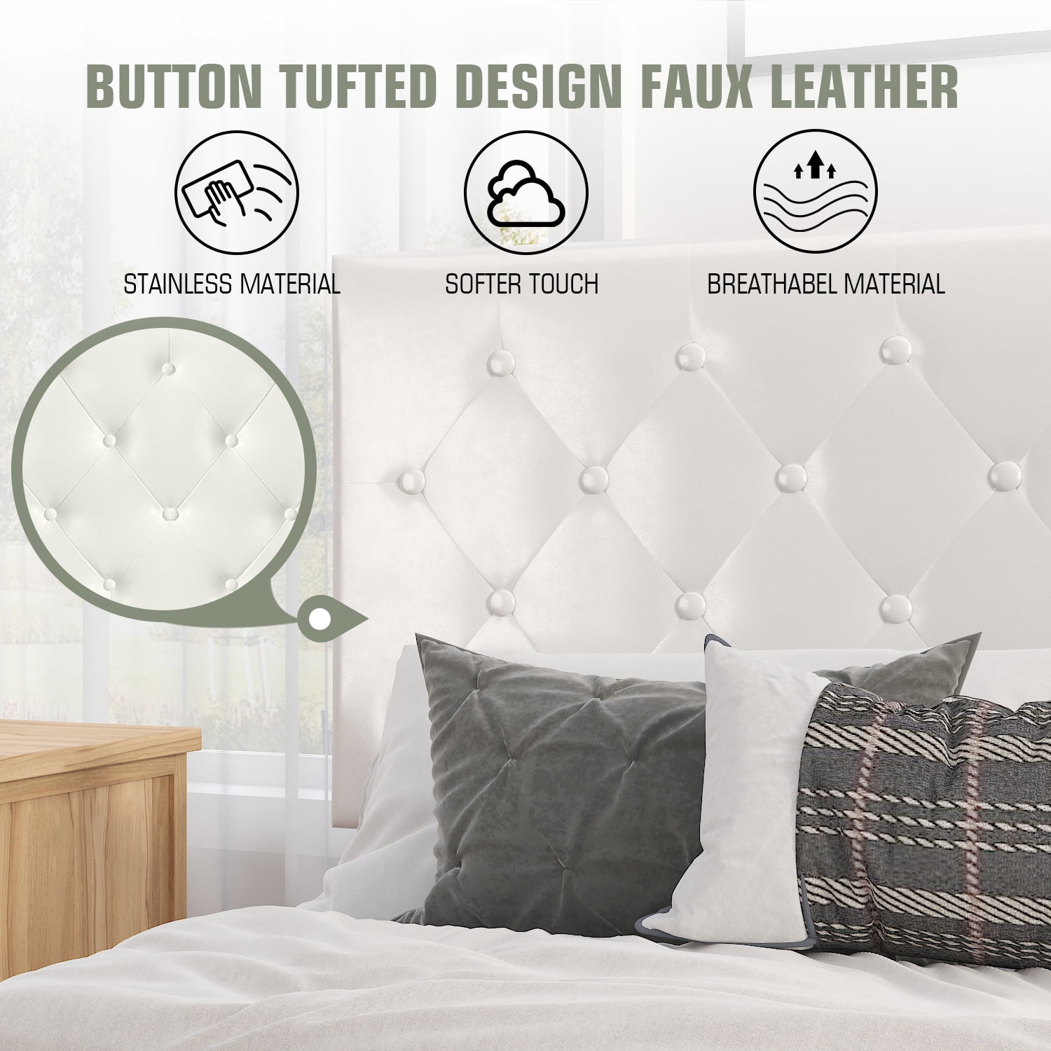 Sha Cerlin White Full Size Platform Bed Frame with Adjustable Leather Tufted Headboard, Mattress Foundation