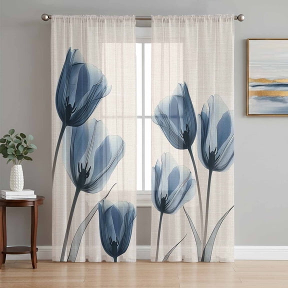 Blue Spring Floral Semi Sheer Window Curtains 84 Inches Long, Tulip Summer Botanical Rod Pocket Voile Silky Chiffon Curtain Light Filtering Drapes for Living Room, Kitchen, Bedroom, 52"x84", 2 Panels