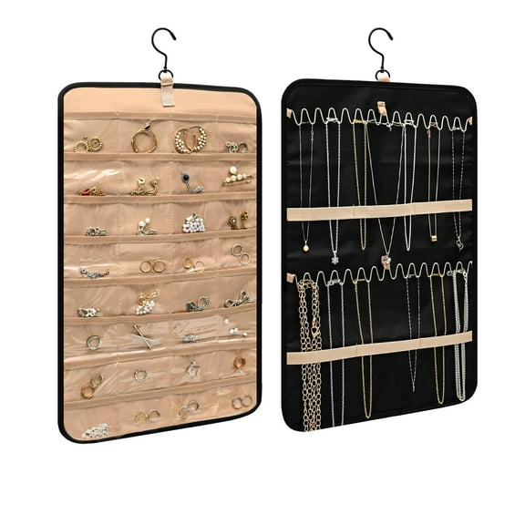 Hanging Jewelry Organizer with Metal Hooks Double-Sided Jewelry Holder, Necklace Holder with 32 Pockets, Jewelry Roll for Earrings, Necklaces, Rings on Closet, Wall, Door, 1 Piece