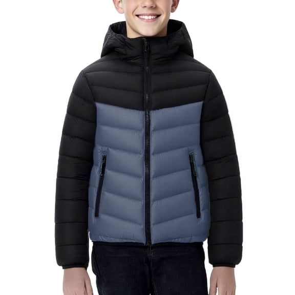 XUNKUSGA Boys Winter Coat 8-17 Years Lightweight Color Block Hooded Puffer Jacket Warm Comfy Casual Outwear Fashion Zip Up Closure Wind Water Resistant Puffer Jacket with Zip Pockets Gray