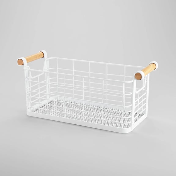 Rectangular Wire Natural Wood Handles Basket-White