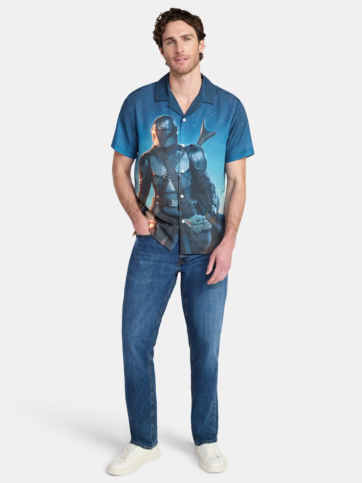 The Mandalorian Men's and Big Men's Mando Landscape Graphic Button-Up Shirt, Sizes S-3XL