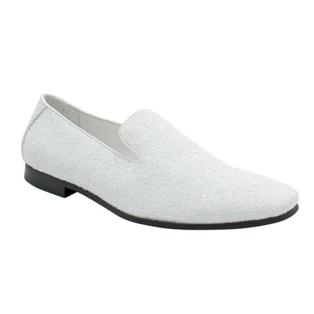 Men Smoking Slipper Metallic Sparkling Glitter Tuxedo Slip on Dress Shoes Loafers White