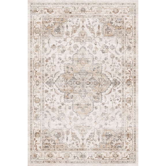 FEELHOME 8' Round Area Rug Machine Washable Vintage Distressed Soft Non Slip Carpet for Living Room Bedroom Dining Room Taupe