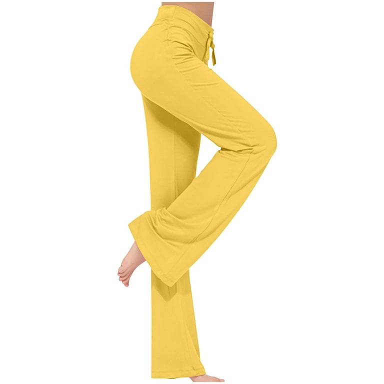 Wide Leg Pants for Women Solid Drawstring High Waist Yoga Pants Stretchy  Casual Comfy Workout out Legging Loose Gym Pant(XXL,Yellow)