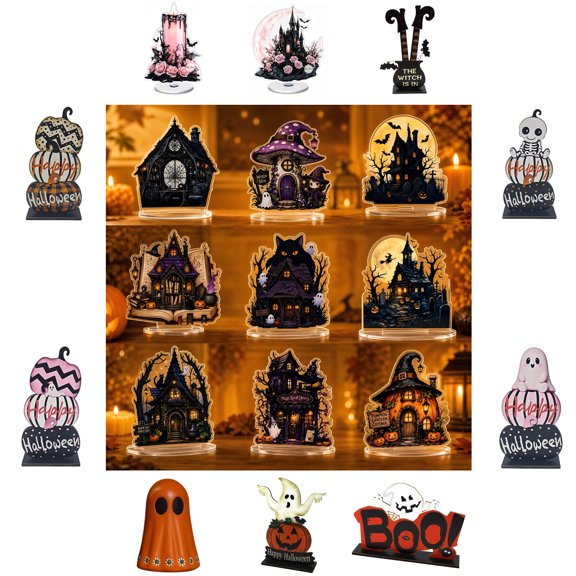 AOMXGD 6 Inch Halloween Acrylic Tabletop Standing Ornament, Double-Sided Printed Cottage Cabin Silhouette for Halloween Desk Bookshelf Window Event Display Layout