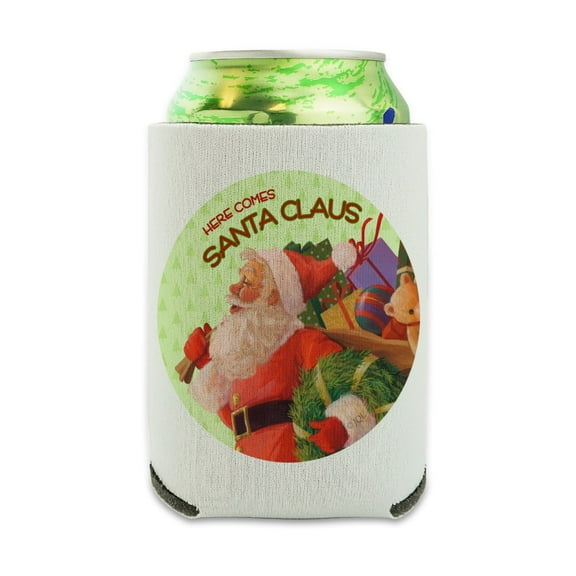Christmas Holiday Here Comes Santa Claus Graphic Can Cooler - Drink Sleeve Hugger Collapsible Insulator - Beverage Insulated Holder
