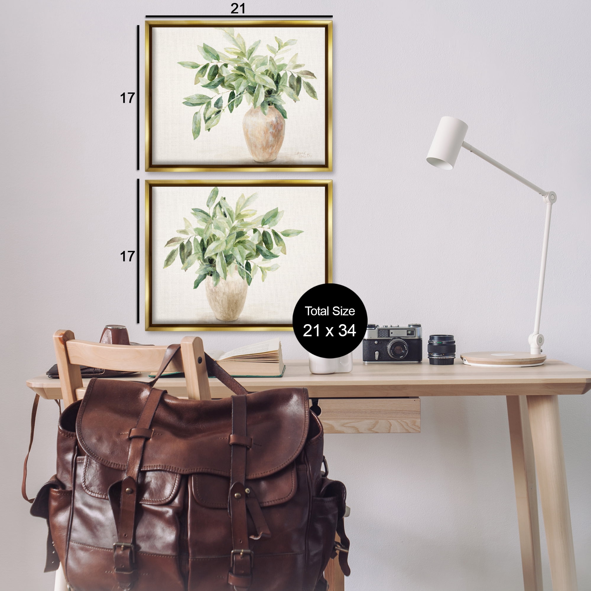 Stupell Industries Vase of Hardy Green Foliage Plants & Flowers Painting Gold Floater Framed Canvas Art Print Wall Art, 21 x 17, Set of 2