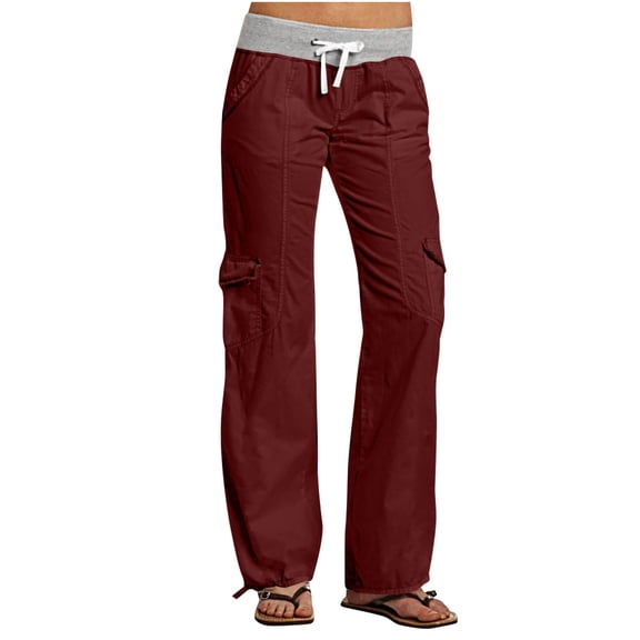 Staron Women's Cargo Pants with Pockets High Waist Casual Straight Leg Sweatpants Comfy Elastic Waist Yoga Pants, Wine S