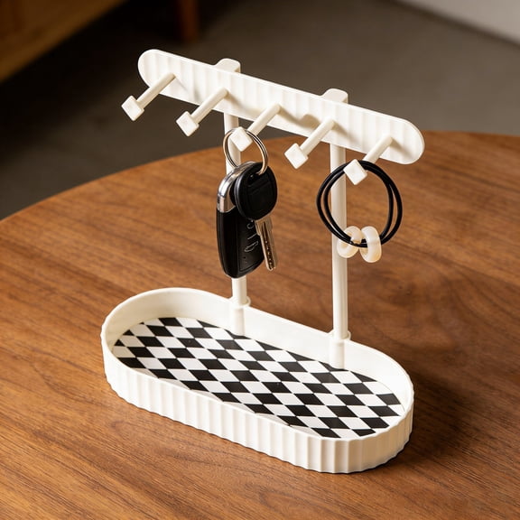 Metal Jewelry Organizer Stand with Acrylic Base, Necklace Display Holder and Key Tray with 5 Hooks, Ring Holder and Earring Organizer for Bedroom, Dresser, Entryway, and Bathroom Counter