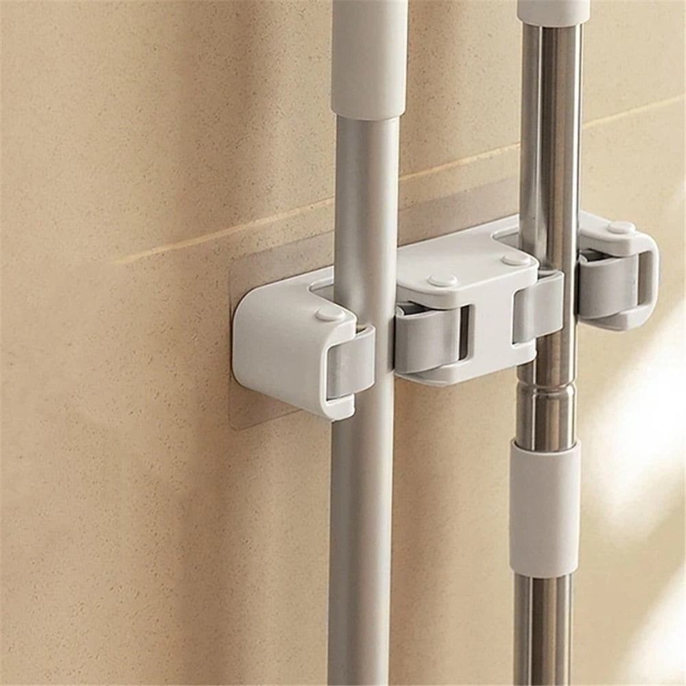 2 pack Broom Holder Wall Mount Mop and Command Broom Hanger Organizer Wall Mount Self Adhesive (Double clip)