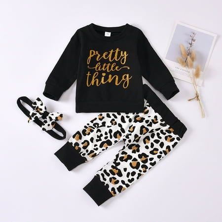 

Leutsin Newborn Infant Baby Letter Print Tops + Leopard Pants Outfits +Headbands