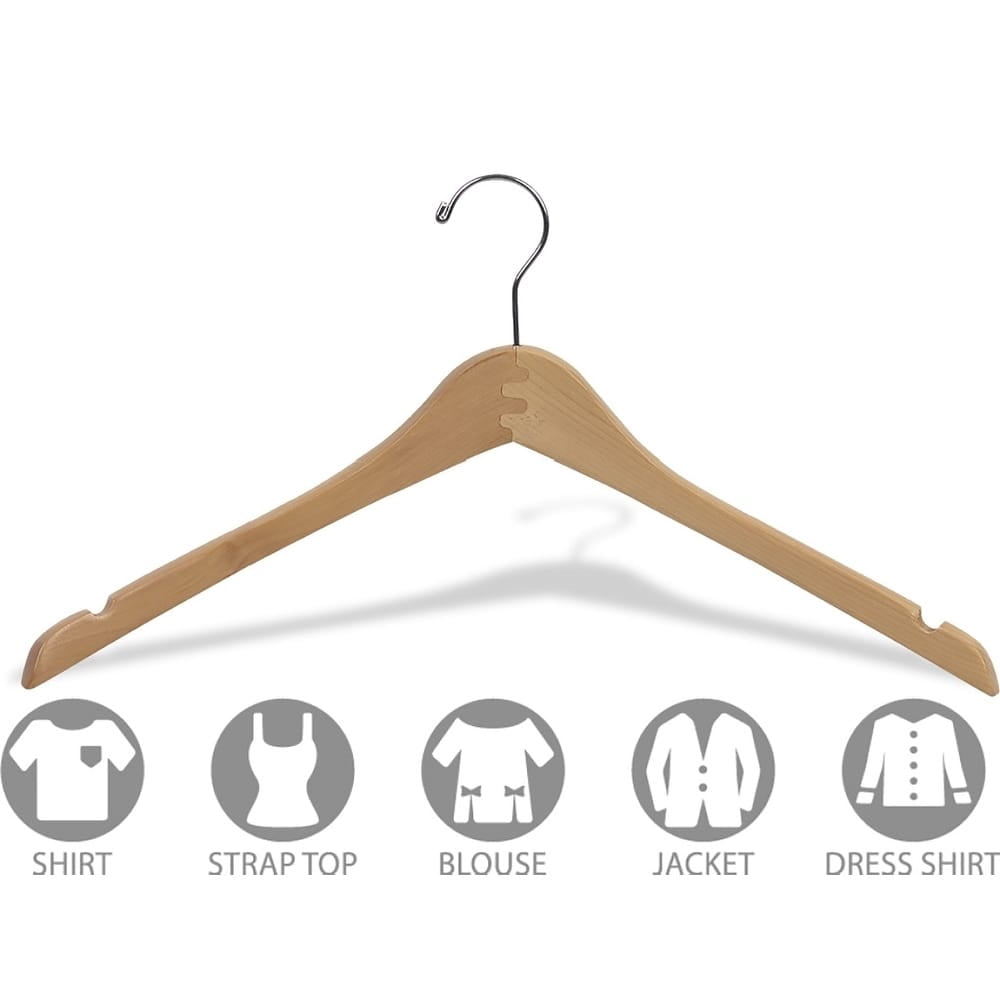 The Great American Hanger Company Curved Wooden Top Hanger with Natural Finish, 1/2 Inch Thick Hangers with Chrome Swivel Hook & Notches For Hanging