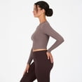 thumbnail image 3 of YITTY Active Women's UltraLuxe Long Sleeve Cropped Workout Top, Athleisure, 4-Way-Stretch, Taupe Brown, M, 3 of 6