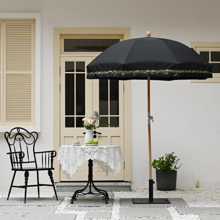 6ft black patio umbrella LAGarden 6Ft Wood Patio Fringe Umbrella Tassel w/ Bag for Outdoor Cafe  Event Party,Jazz Age Black with Glitzy Sequin